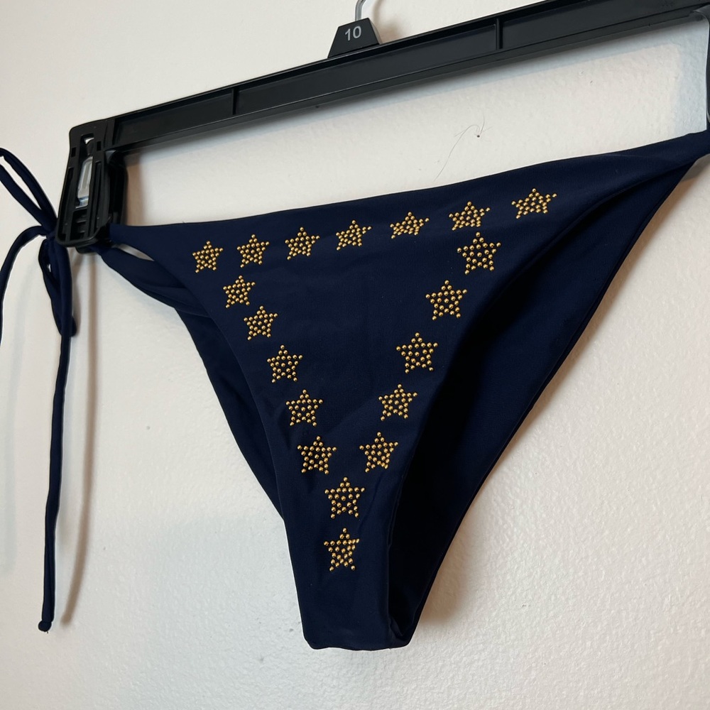 Beach Riot cheeky blue bikini bottom with gold star and tie details | size M